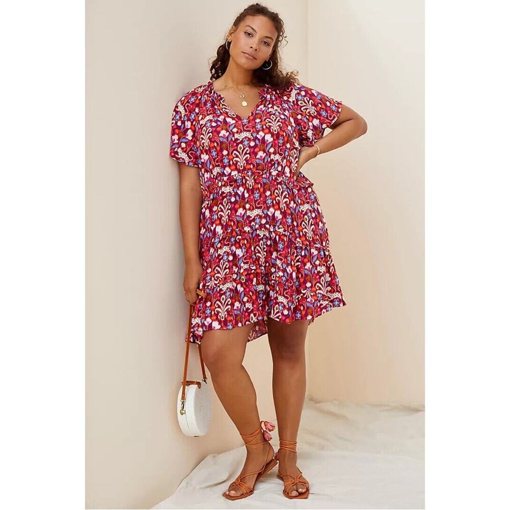 Anthropologie Pink Fuchsia Floral Mini Tiered Dress Short Sleeve Ruffle XSP
